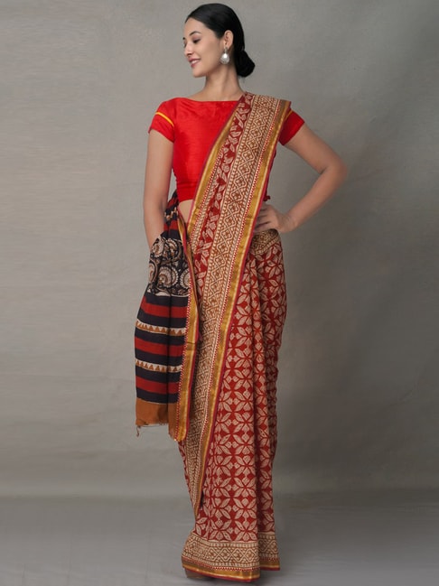 Unnati Silks Maroon Cotton Printed Saree With Unstitched Blouse Price in India