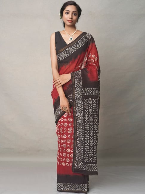 Unnati Silks Maroon Cotton Batic Print Saree With Unstitched Blouse Price in India