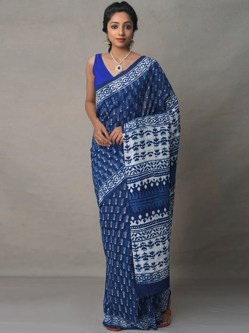 Unnati Silks Navy Silk Cotton Printed Saree With Unstitched Blouse Price in India