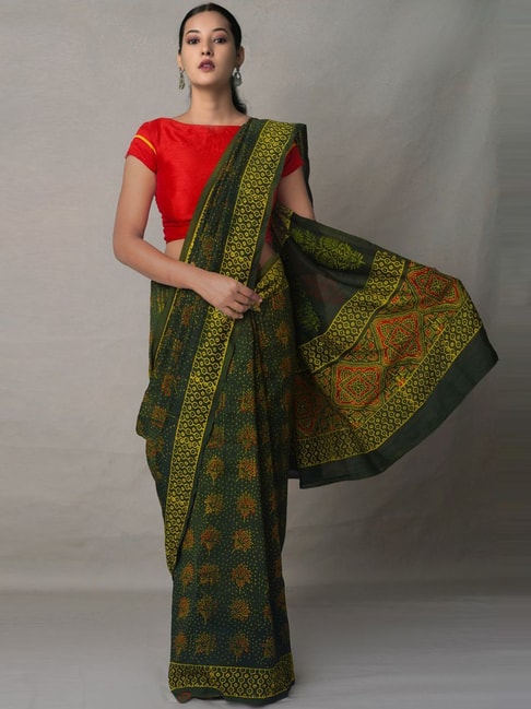 Unnati Silks Green Silk Cotton Printed Saree With Unstitched Blouse Price in India