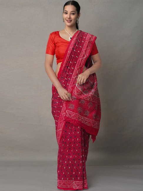 Unnati Silks Red Silk Cotton Printed Saree With Unstitched Blouse Price in India