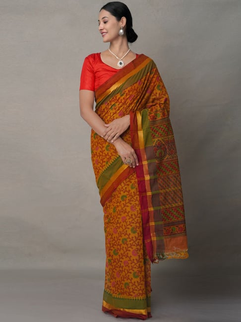 Unnati Silks Mustard Cotton Printed Saree With Unstitched Blouse Price in India