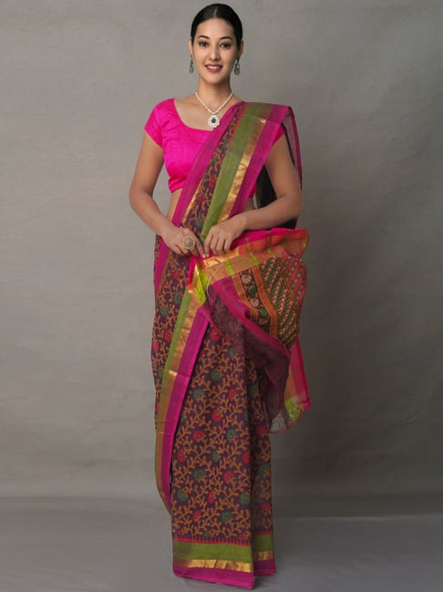 Unnati Silks Purple & Orange Cotton Printed Saree With Unstitched Blouse Price in India