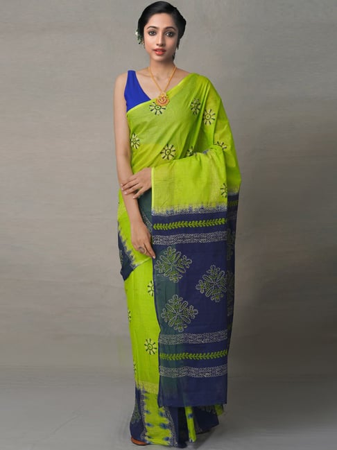 Unnati Silks Green Cotton Printed Saree With Unstitched Blouse Price in India