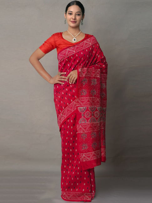 Unnati Silks Red Silk Cotton Printed Saree With Unstitched Blouse Price in India