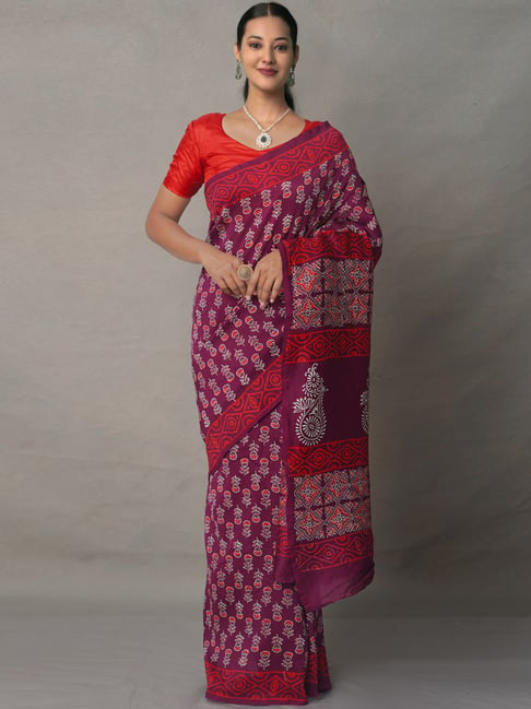 Unnati Silks Purple Silk Cotton Printed Saree With Unstitched Blouse Price in India