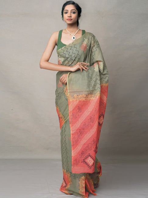 Unnati Silks Pista Green Cotton Printed Saree With Unstitched Blouse Price in India