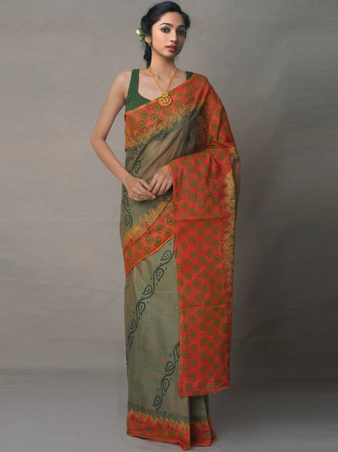 Unnati Silks Pista Green Cotton Printed Saree With Unstitched Blouse Price in India