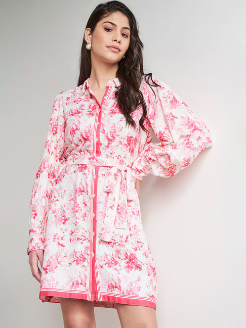 AND Pink & White Floral Print Shirt Dress Price in India