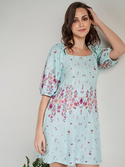 AND Light Teal Floral Print A Line Dress Price in India