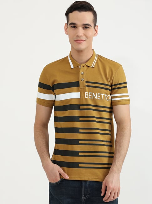 United Colors Of Benetton Mustard Cotton Regular Fit Striped Polo T-Shirts