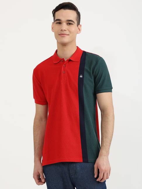 United Colors Of Benetton Red Cotton Regular Fit Colour Block Polo T-Shirts