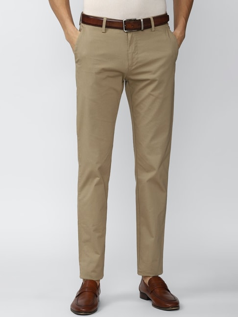Buy Peter England Khaki Slim Fit Flat Front Trousers for Mens Online   Tata CLiQ