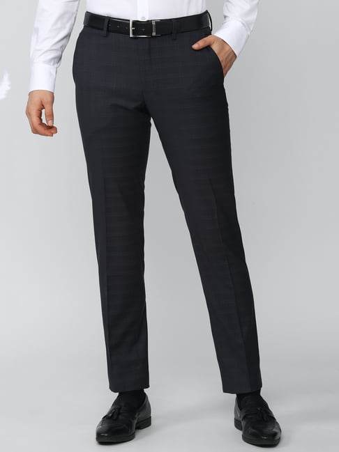 Peter England Dark Grey Slim Fit Flat Front Trousers