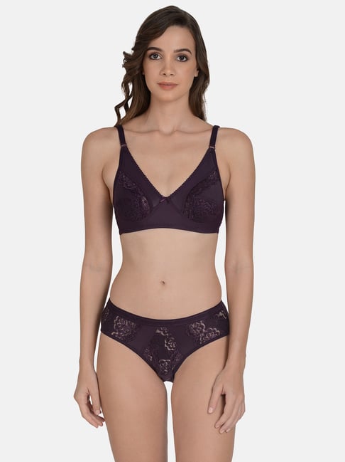 mod & shy Purple Self Pattern Lingerie Set