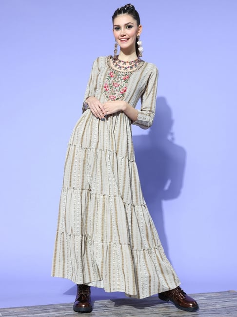 Indo Era Grey Cotton Striped Maxi Dress Price in India