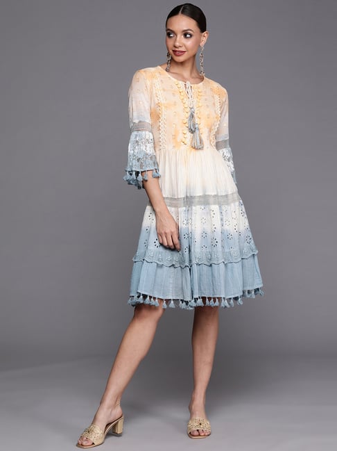 Indo Era Off-White & Blue Cotton Embellished A-Line Dress Price in India