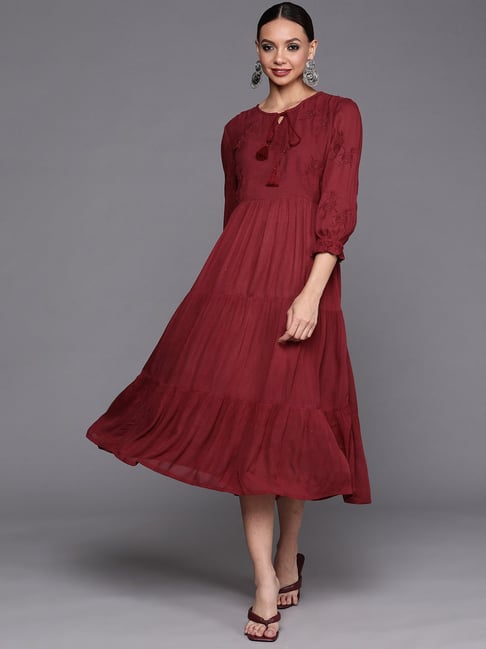 Indo Era Maroon Cotton Embroidered A-Line Dress Price in India