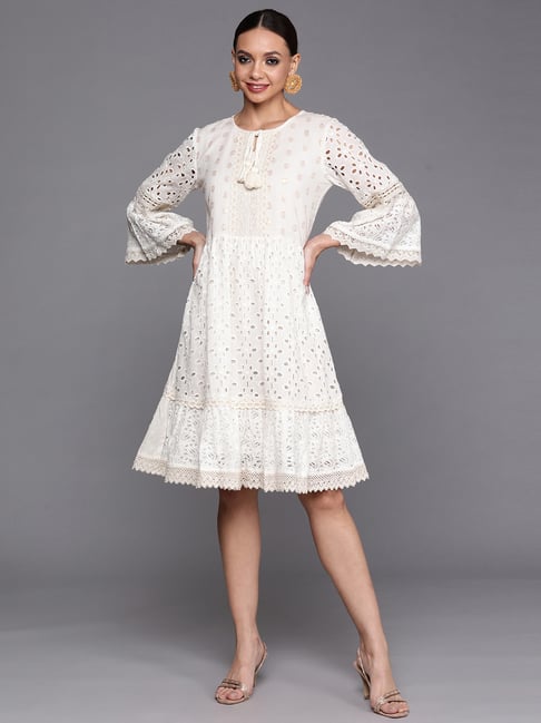 Indo Era Off-White Cotton Embroidered A-Line Dress Price in India