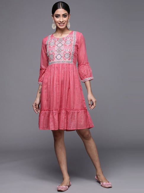 Indo Era Pink Cotton Embroidered A-Line Dress Price in India