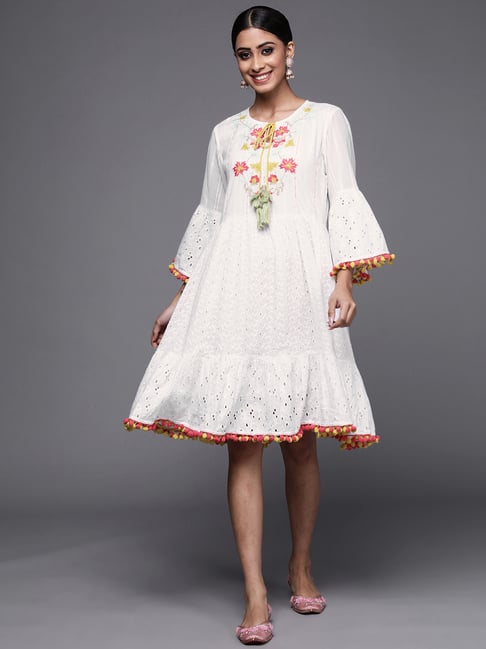 Indo Era White Cotton Embroidered A-Line Dress Price in India