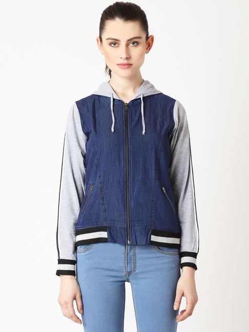 Miss Chase Blue Cotton Bomber Jacket-picture-26