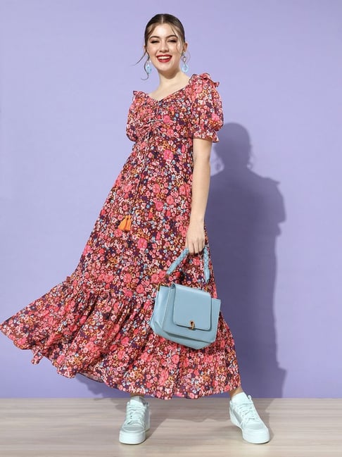 Miss Chase Maroon & Pink Floral Print Maxi Dress Price in India