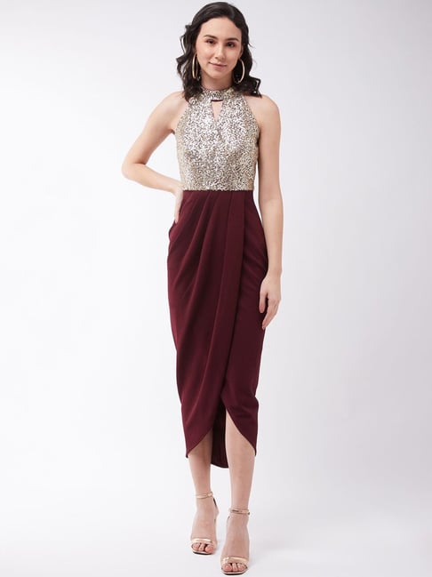 Miss Chase Wine Embellished Assymetric Dress Price in India