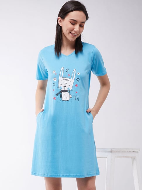 Miss Chase Blue Cotton Printed Sleep Tees-picture-21