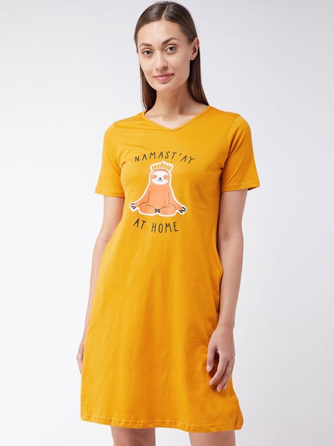 Miss Chase Mustard Cotton Printed Sleep Tees-picture-34