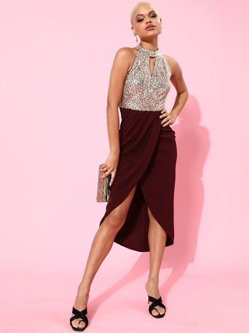 Miss Chase Wine Embellished High-low Dress Price in India