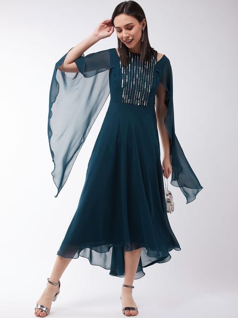 Miss Chase Teal Blue Embellished A-Line Dress Price in India