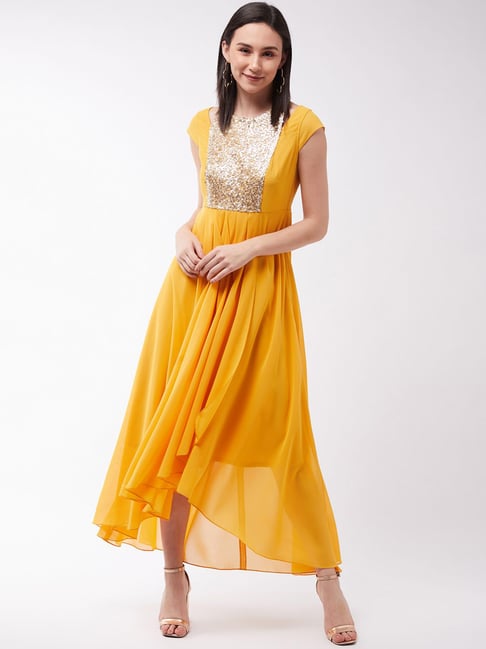 Miss Chase Mustard Embellished Maxi Dress Price in India