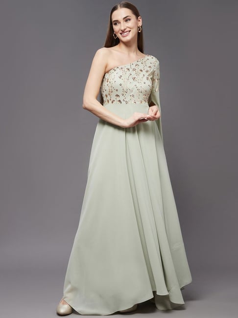 Miss Chase Dusty Green And Golden Embellished Maxi Dress Price in India