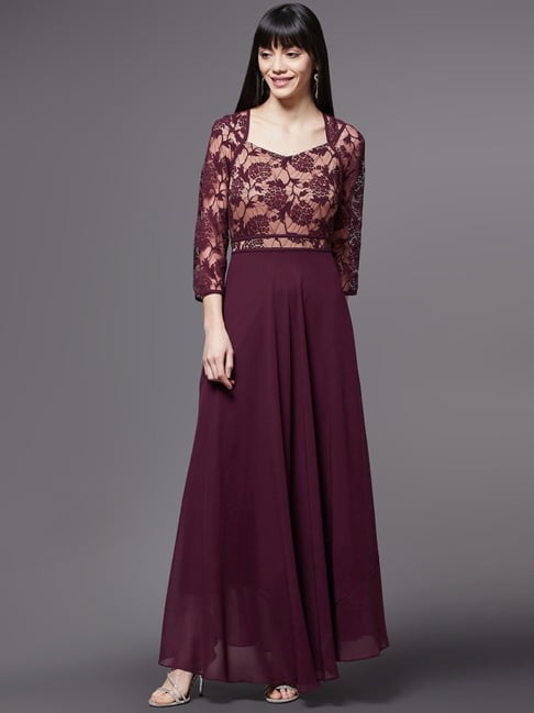 Miss Chase Wine Lace Work Maxi Dress Price in India