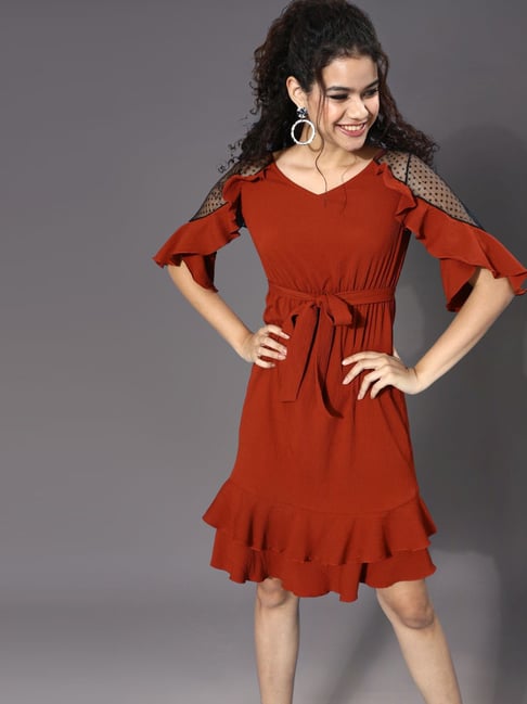 Miss Chase Rust Self Pattern A-Line Dress Price in India