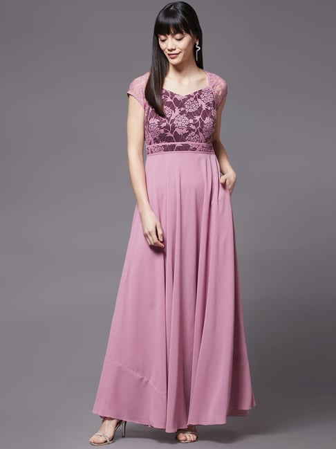 Miss Chase Lavender & Wine Lace Work Maxi Dress Price in India