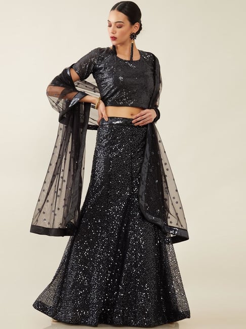 Soch Black Embellished Unstitched Lehenga Choli Set With Dupatta Price in India
