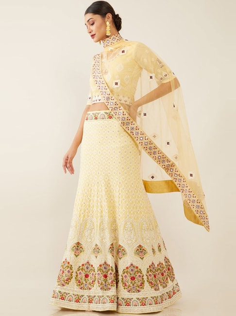 Soch Yellow Embroidered Unstitched Lehenga Choli Set With Dupatta Price in India
