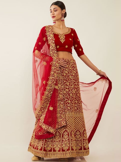 Soch Red Embellished Unstitched Lehenga Choli Set With Dupatta Price in India