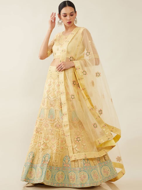 Soch Yellow Embroidered Unstitched Lehenga Choli Set With Dupatta Price in India