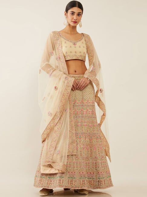 Soch Beige Embellished Unstitched Lehenga Choli Set With Dupatta Price in India