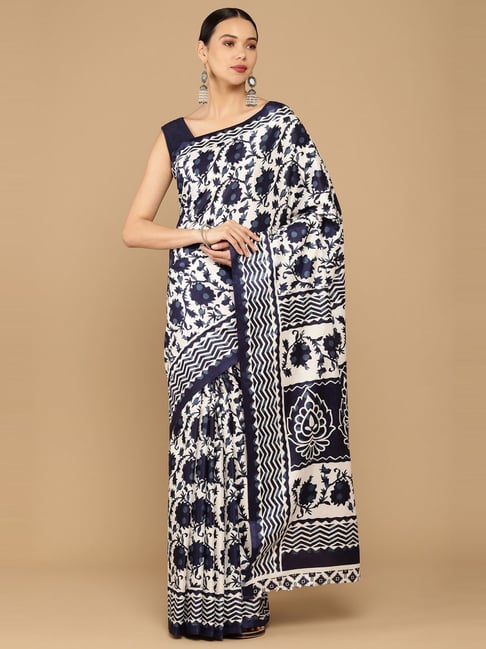 Soch White & Blue Cotton Silk Printed saree With Unstitched Blouse Price in India