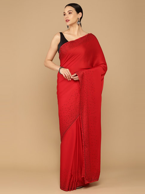 Soch Red Embellished saree With Unstitched Blouse Price in India