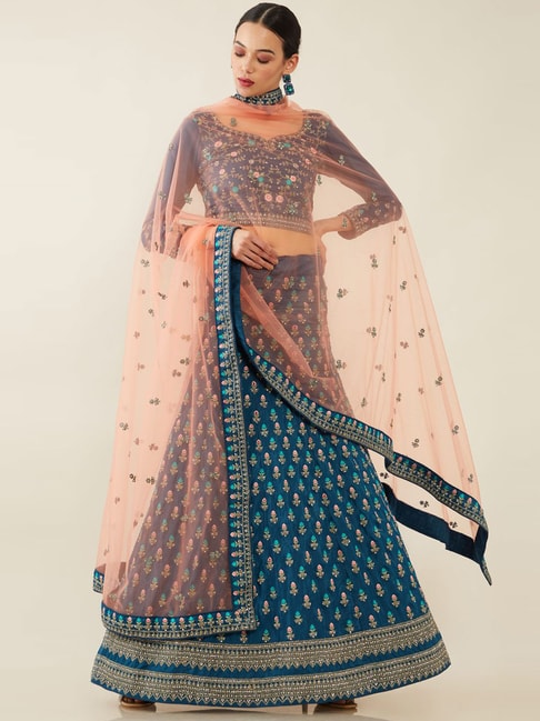 Soch Blue Embroidered Unstitched Lehenga Choli Set With Dupatta Price in India