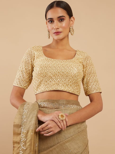 Buy Stunning Golden Shimmer Saree Blouse Online in USA with Mirror Lace –  Pure Elegance