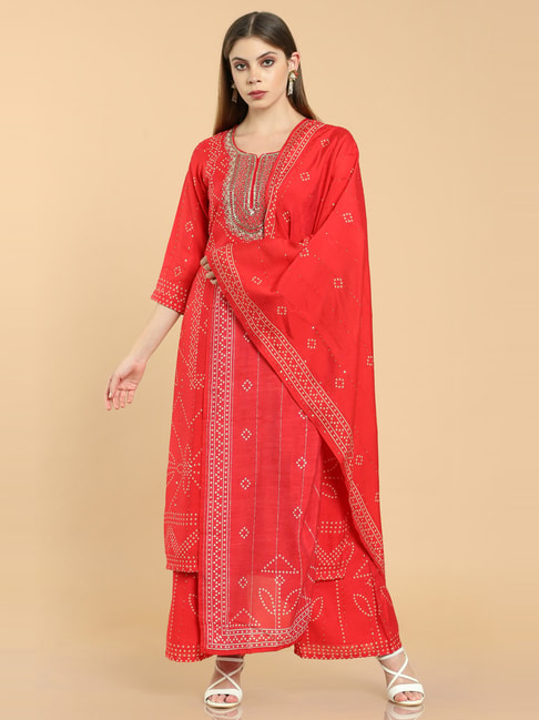 Soch Red Embellished Kurta Palazzo Set With Dupatta Price in India
