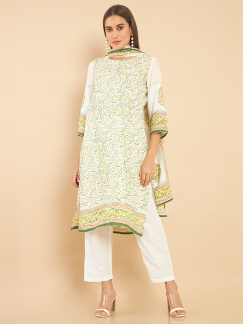 Soch White & Green Printed Kurta Pant Set With Dupatta