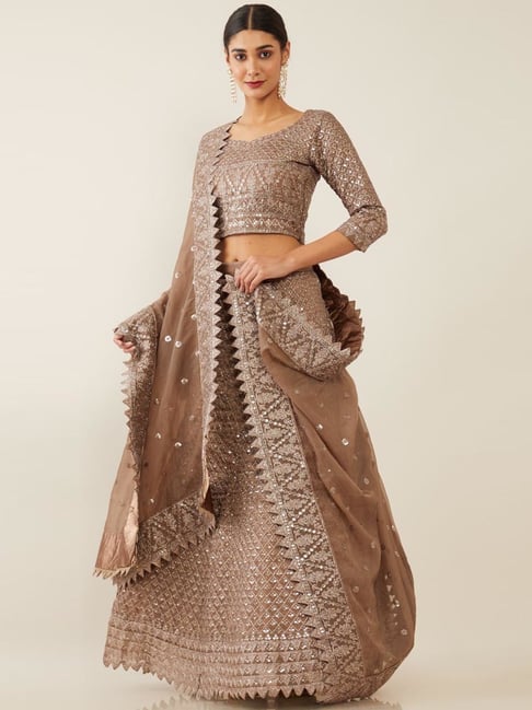 Soch Brown Embellished Unstitched Lehenga Choli Set With Dupatta Price in India