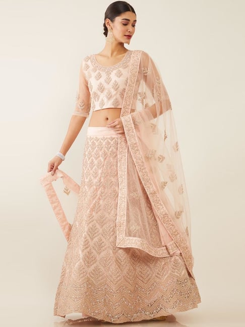 Soch Peach Embellished Unstitched Lehenga Choli Set With Dupatta Price in India